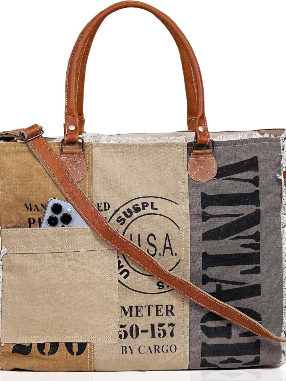 Canvas Tote Bag for Women, Vintage Patchwork Handbag with Leather Handles & Shou